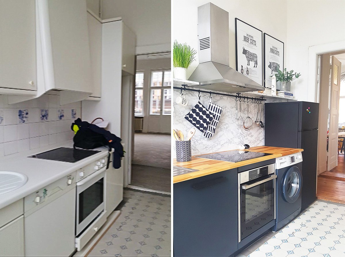 Avant et après la cuisine - Étagères flottantes - Armoires peintes |  Petite maison au coin